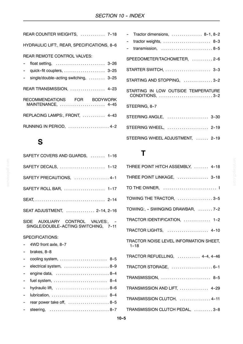 May include: A black and white printed index page from a technical manual, labeled SECTION 10 - INDEX. The text lists various tractor components and maintenance topics alphabetically, including rear counter weights, steering, and transmission.