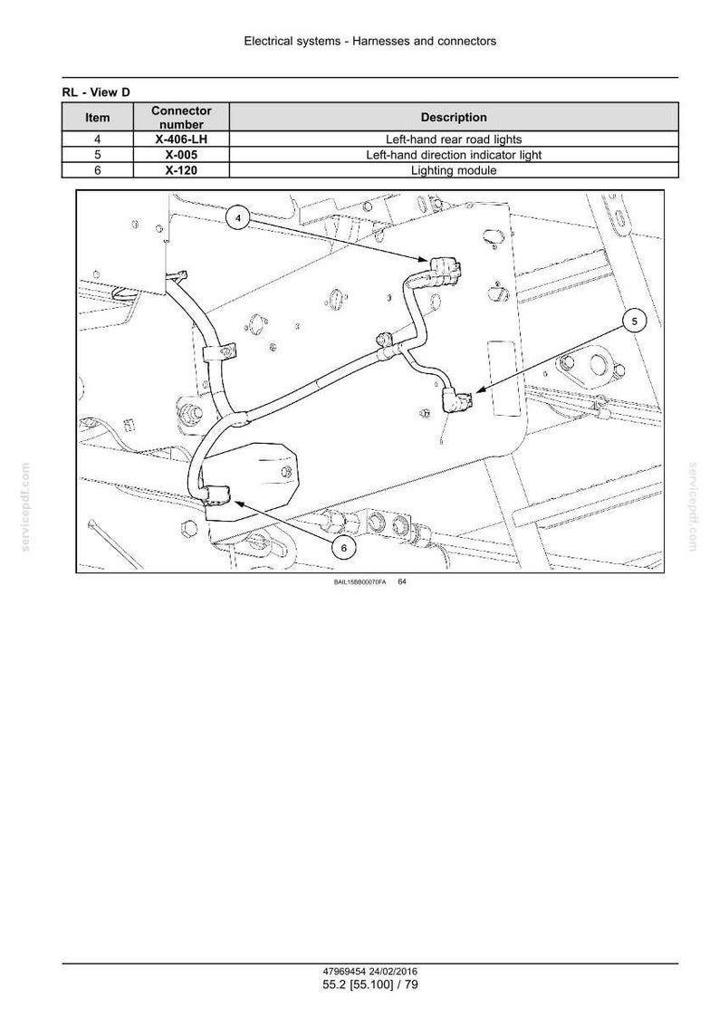 May include: Diagram showing electrical system components, including wiring harnesses and connectors. The diagram labels parts such as left-hand rear road lights, direction indicator light, and lighting module. The image includes a table with connector numbers.