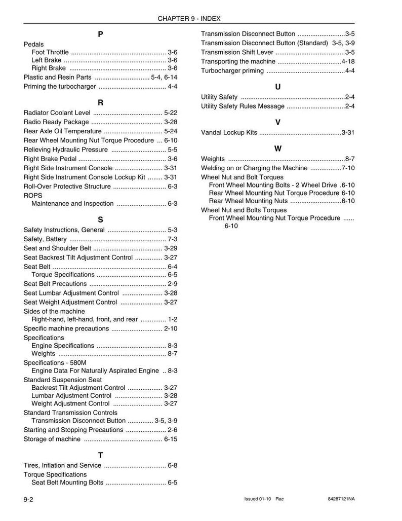 May include: A page from a manual titled "CHAPTER 9 - INDEX" with a list of terms and page numbers. The text is black on a white background. Terms include "Pedals", "Safety Instructions", and "Weights".