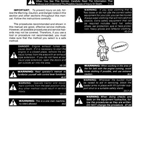 Puede incluir: Una p&aacute;gina de un manual titulada "REGLAS DE SEGURIDAD" con advertencias e instrucciones de seguridad. El manual incluye advertencias sobre los gases de escape del motor, la ropa suelta y el funcionamiento del equipo. Se muestra una figura de dibujos animados con una etiqueta "CORRECTO".