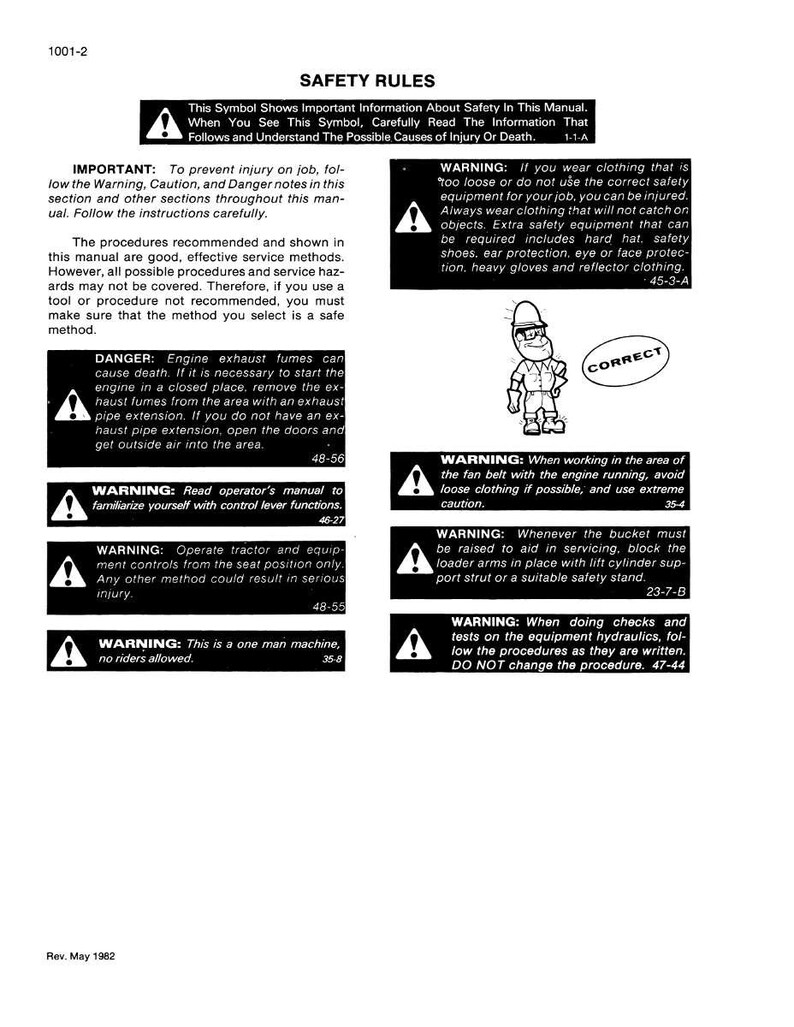 Puede incluir: Una p&aacute;gina de un manual titulada "REGLAS DE SEGURIDAD" con advertencias e instrucciones de seguridad. El manual incluye advertencias sobre los gases de escape del motor, la ropa suelta y el funcionamiento del equipo. Se muestra una figura de dibujos animados con una etiqueta "CORRECTO".