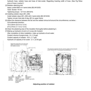 Pu&ograve; includere: Una pagina di manuale tecnico intitolata 33. UPPER STRUCTURE 33.1.12.3 INSTALLATION, con disegni al tratto in bianco e nero di un gruppo radiatore, componenti del motore e specifiche tecniche che includono coppie di serraggio e tolleranze.