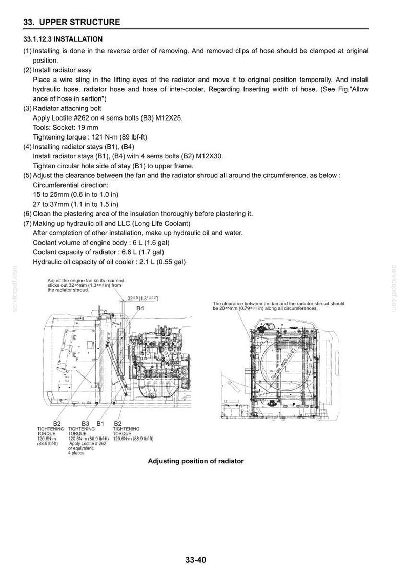 Pu&ograve; includere: Una pagina di manuale tecnico intitolata 33. UPPER STRUCTURE 33.1.12.3 INSTALLATION, con disegni al tratto in bianco e nero di un gruppo radiatore, componenti del motore e specifiche tecniche che includono coppie di serraggio e tolleranze.
