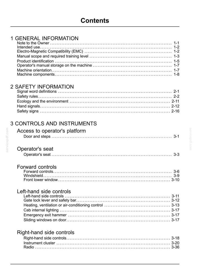 May include: A detailed contents page from a manual, covering general and safety information, controls, and instruments. The document features headings and page numbers, with text including "Operator's seat" and "Forward controls."