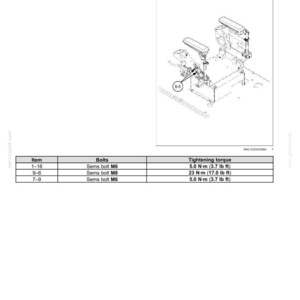 May include: Diagram of a side console assembly installation, with a detailed illustration of the components. Includes a table with item numbers, bolt types, and tightening torque in foot-pounds and Newton-meters.