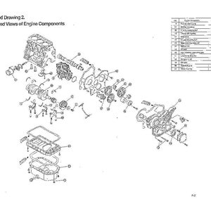 K&ouml;nnte beinhalten: Eine technische schwarz-wei&szlig; Strichzeichnung mit dem Titel Attached Drawing 2 Exploded Views of Engine Components. Sie zeigt verschiedene mechanische Teile eines Motors in einer Explosionszeichnung, erg&auml;nzt durch eine nummerierte Referenztabelle.