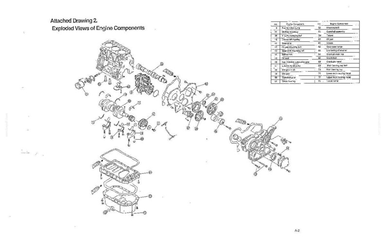 K&ouml;nnte beinhalten: Eine technische schwarz-wei&szlig; Strichzeichnung mit dem Titel Attached Drawing 2 Exploded Views of Engine Components. Sie zeigt verschiedene mechanische Teile eines Motors in einer Explosionszeichnung, erg&auml;nzt durch eine nummerierte Referenztabelle.