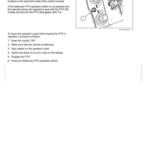Puede incluir: Una p&aacute;gina de manual t&eacute;cnico titulada 6 - WORKING OPERATIONS con instrucciones para un interruptor de operaci&oacute;n de toma de fuerza estacionaria. Incluye un diagrama de una consola de control con un interruptor numerado y seis pasos.