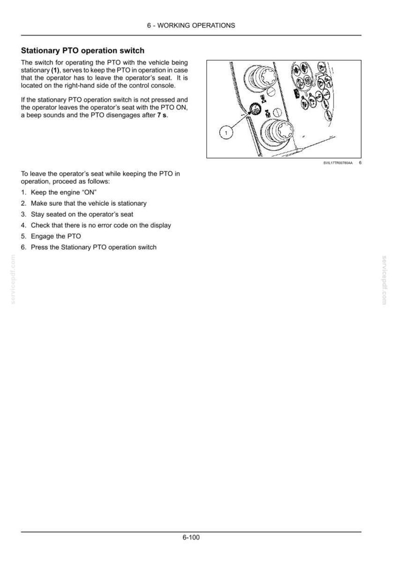 Puede incluir: Una p&aacute;gina de manual t&eacute;cnico titulada 6 - WORKING OPERATIONS con instrucciones para un interruptor de operaci&oacute;n de toma de fuerza estacionaria. Incluye un diagrama de una consola de control con un interruptor numerado y seis pasos.