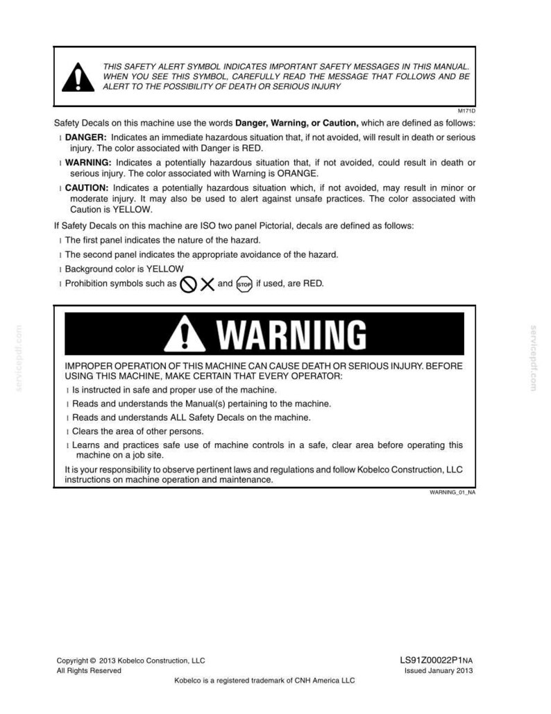 May include: A black and white safety manual page featuring a warning header, text explaining danger, warning, and caution definitions, and a detailed warning section regarding machine operation, including copyright and document information.