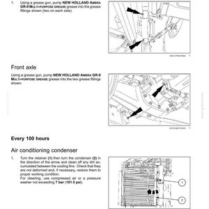 Pode incluir: Uma p&aacute;gina de manual de manuten&ccedil;&atilde;o t&eacute;cnica em preto e branco intitulada 7-MAINTENANCE. Apresenta diagramas para lubrificar o engate traseiro de tr&ecirc;s pontos e o eixo dianteiro, al&eacute;m de instru&ccedil;&otilde;es para limpar o condensador do ar condicionado.
