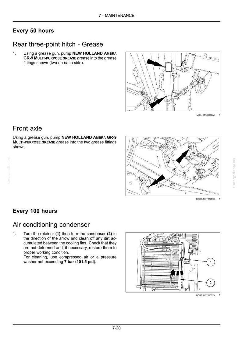 Pode incluir: Uma p&aacute;gina de manual de manuten&ccedil;&atilde;o t&eacute;cnica em preto e branco intitulada 7-MAINTENANCE. Apresenta diagramas para lubrificar o engate traseiro de tr&ecirc;s pontos e o eixo dianteiro, al&eacute;m de instru&ccedil;&otilde;es para limpar o condensador do ar condicionado.