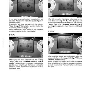 May include: A technical manual page for New Holland machinery featuring four instructional steps with diagrams of a digital display screen. The screens show text prompts including Steer Straight, O.K., Joyst Full Left, and Joyst Full Right with instructions.