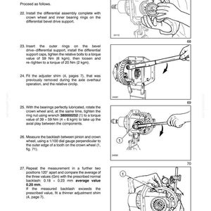 May include: Technical diagram from a manual detailing front axle mechanical transmission. The image shows step-by-step instructions with illustrations, including torque values in Newton-meters and the use of a dial gauge for measurements.