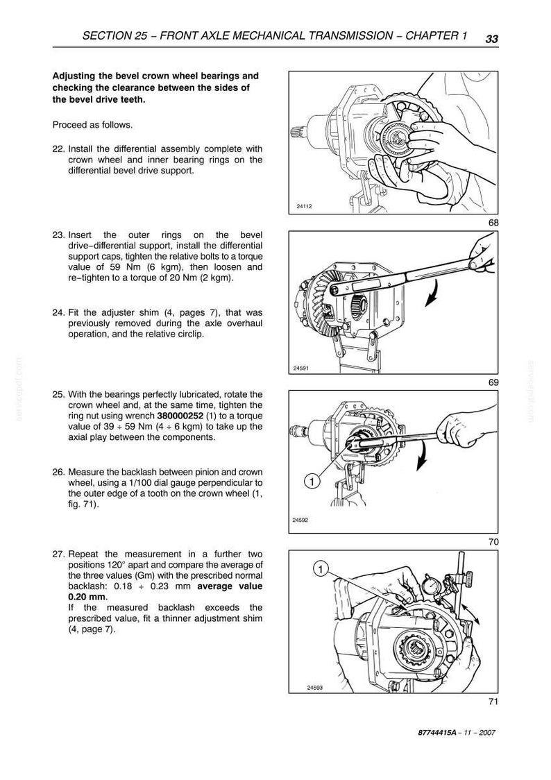 May include: Technical diagram from a manual detailing front axle mechanical transmission. The image shows step-by-step instructions with illustrations, including torque values in Newton-meters and the use of a dial gauge for measurements.
