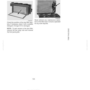 May include: A page from a maintenance manual with the title "Checking and cleaning the dust filter" and "Filter dryer". The text instructs on cleaning the dust filter and cautions against maintenance on the filter dryer. The page also includes the text "Trim this edge".