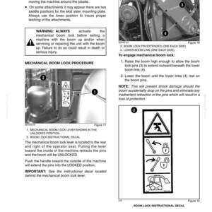 May include: A technical manual page titled CHAPTER 2 - SAFETY, AND SAFETY DECALS, featuring diagrams of a mechanical boom lock procedure for a machine. It includes text instructions, numbered labels, and a boom lock instructional decal with icons.