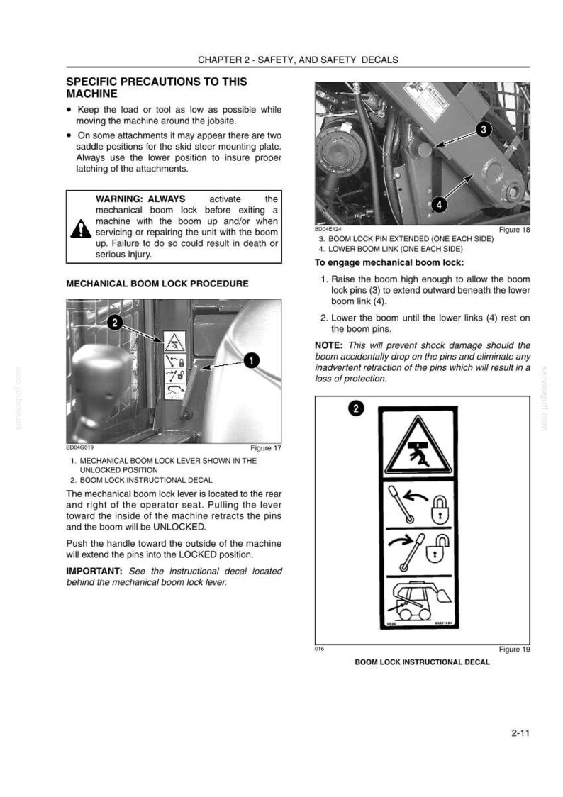 May include: A technical manual page titled CHAPTER 2 - SAFETY, AND SAFETY DECALS, featuring diagrams of a mechanical boom lock procedure for a machine. It includes text instructions, numbered labels, and a boom lock instructional decal with icons.