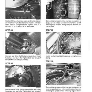 May include: A technical manual page titled 6001-10 containing six black and white instructional photographs labeled Step 33 through Step 38. Each image displays mechanical transmission components, wiring harnesses, bolts, and drive shafts with arrows.
