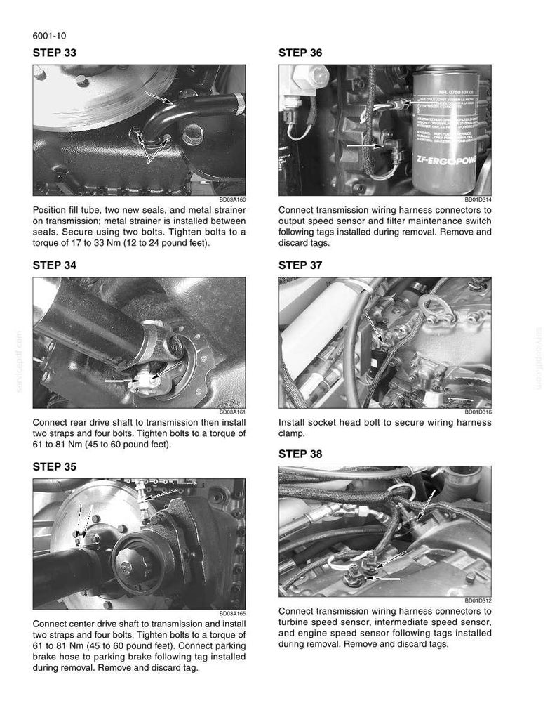 May include: A technical manual page titled 6001-10 containing six black and white instructional photographs labeled Step 33 through Step 38. Each image displays mechanical transmission components, wiring harnesses, bolts, and drive shafts with arrows.