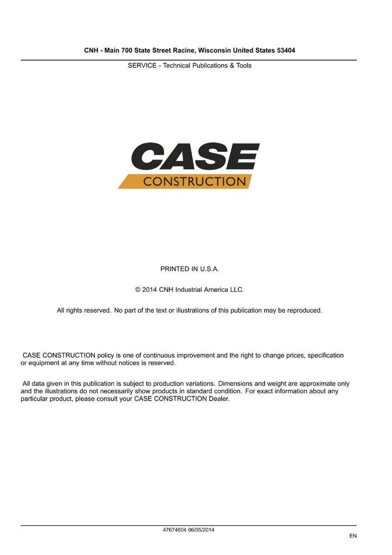 Puede incluir: Documento blanco con el logotipo "CASE CONSTRUCTION" en negro y dorado. El documento incluye texto sobre publicaciones t&eacute;cnicas, informaci&oacute;n de derechos de autor y un descargo de responsabilidad. Impreso en EE. UU.