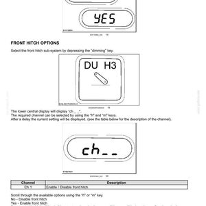 May include: A technical diagram with text and illustrations related to electronic systems. The image includes options for front hitch settings, displaying "no" and "yes" choices. It also shows a display with "DU H3" and "ch__" options.