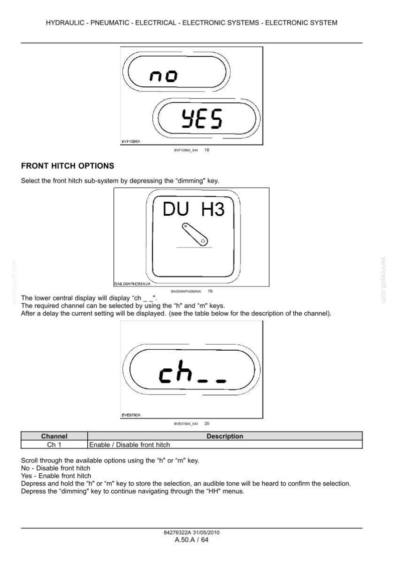 May include: A technical diagram with text and illustrations related to electronic systems. The image includes options for front hitch settings, displaying "no" and "yes" choices. It also shows a display with "DU H3" and "ch__" options.