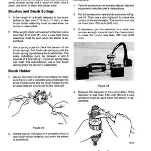 May include: Technical diagram with instructions for inspecting a starter drive. Includes illustrations of armature testing, brush holder inspection, and commutator diameter measurement. Text includes measurements in inches and pounds.