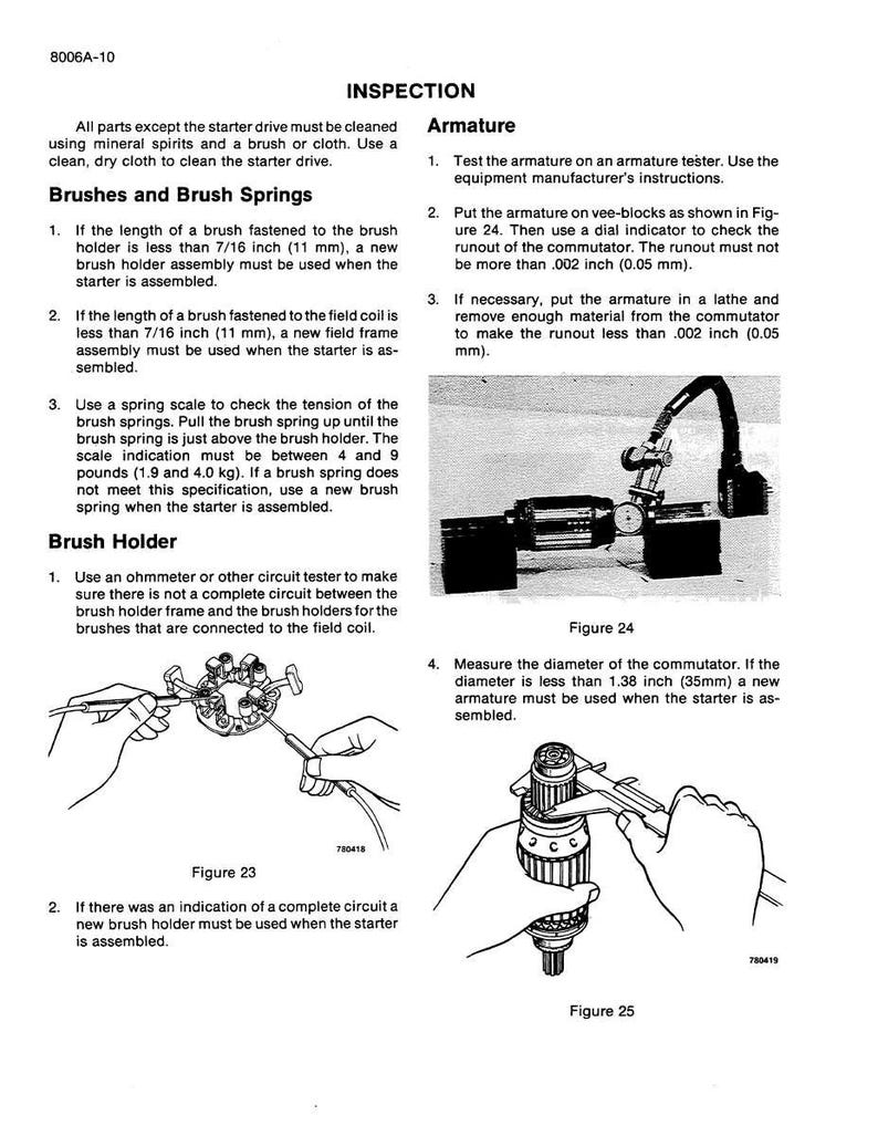 May include: Technical diagram with instructions for inspecting a starter drive. Includes illustrations of armature testing, brush holder inspection, and commutator diameter measurement. Text includes measurements in inches and pounds.