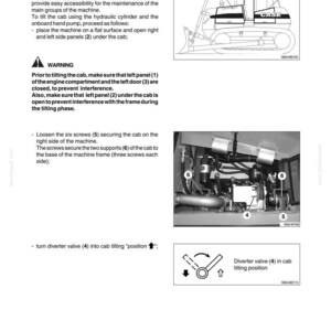 May include: Diagram of a CASE 1850K machine with labeled parts for cab tilting maintenance. Includes a warning about safety precautions and instructions for opening panels and loosening screws. The image also shows a diverter valve.