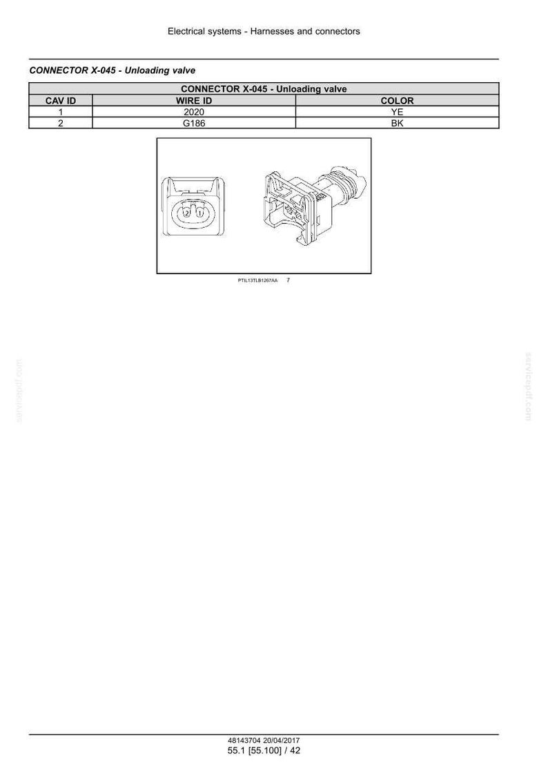 Puede incluir: Diagrama de conectores el&eacute;ctricos, etiquetado como "CONNECTOR X-045 - Unloading valve". Incluye una tabla con las columnas "CAV ID", "WIRE ID" y "COLOR". Se muestran dos ilustraciones de conectores, junto con el texto "Electrical systems - Harnesses and connectors."