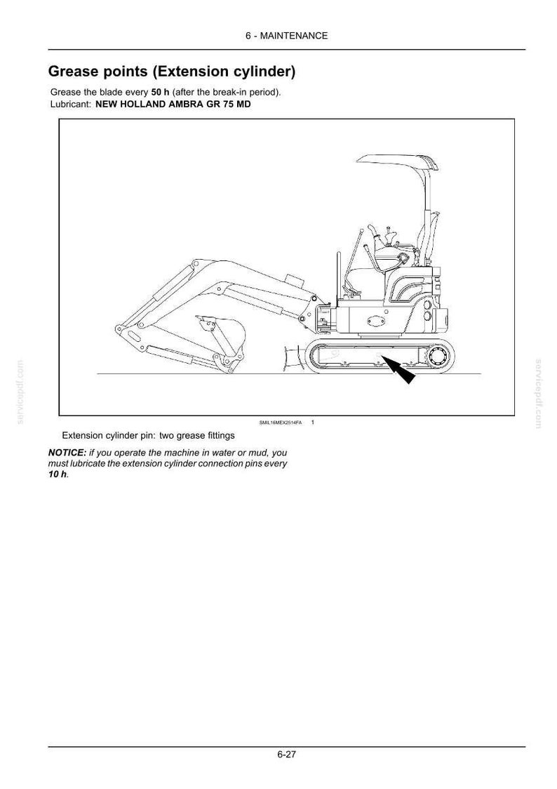 May include: A technical manual page titled Grease points (Extension cylinder) featuring a black and white line drawing of a compact excavator. An arrow points to the track assembly. Text includes maintenance instructions and lubricant specifications.