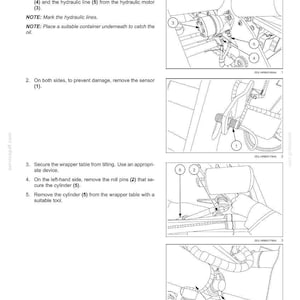 May include: Diagram of a machine component removal process. Instructions include removing hydraulic lines, sensors, and roll pins. The image shows numbered components and detailed illustrations for each step.