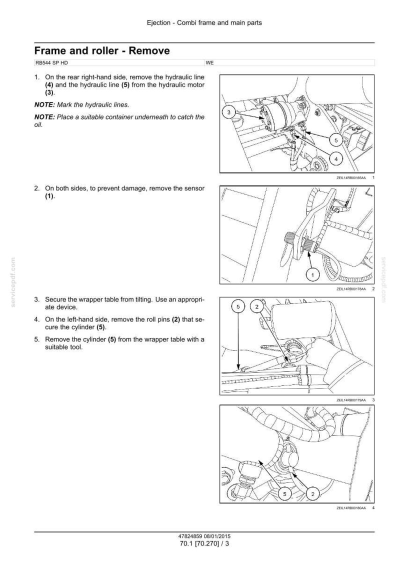 May include: Diagram of a machine component removal process. Instructions include removing hydraulic lines, sensors, and roll pins. The image shows numbered components and detailed illustrations for each step.