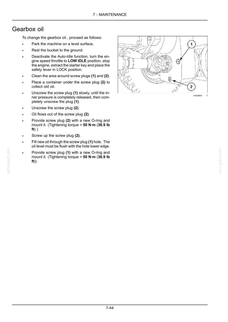 May include: A technical manual page titled 7-MAINTENANCE Gearbox oil, featuring a black and white line drawing of a machine component with two screw plugs labelled 1 and 2, accompanied by detailed instructions for changing the gearbox oil.