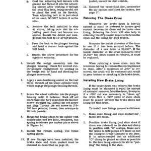 May include: A page from a manual with instructions for brake repair. Text includes steps for adjusting brakes, reboring drums, and installing new brake linings. Measurements are in inches and foot pounds.