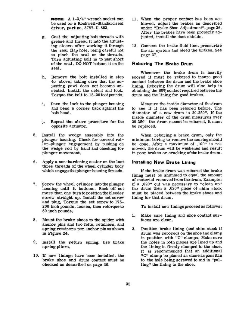 May include: A page from a manual with instructions for brake repair. Text includes steps for adjusting brakes, reboring drums, and installing new brake linings. Measurements are in inches and foot pounds.