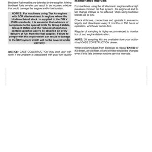 May include: A page from a maintenance manual with the title "7 - MAINTENANCE". The text discusses biodiesel fuel, engine maintenance, and warranty information. Includes notices about fuel blending, SCR systems, and oil sampling.