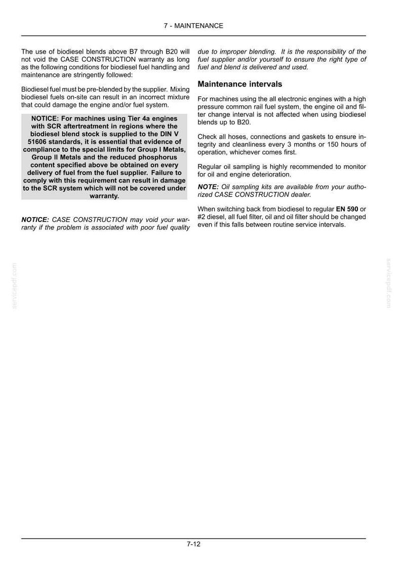 May include: A page from a maintenance manual with the title "7 - MAINTENANCE". The text discusses biodiesel fuel, engine maintenance, and warranty information. Includes notices about fuel blending, SCR systems, and oil sampling.