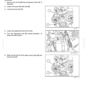 May include: Diagram of a car engine with a fan belt, labeled with numbers for removal instructions. The text reads "Fan belt" and "Replace the fan belt as needed."