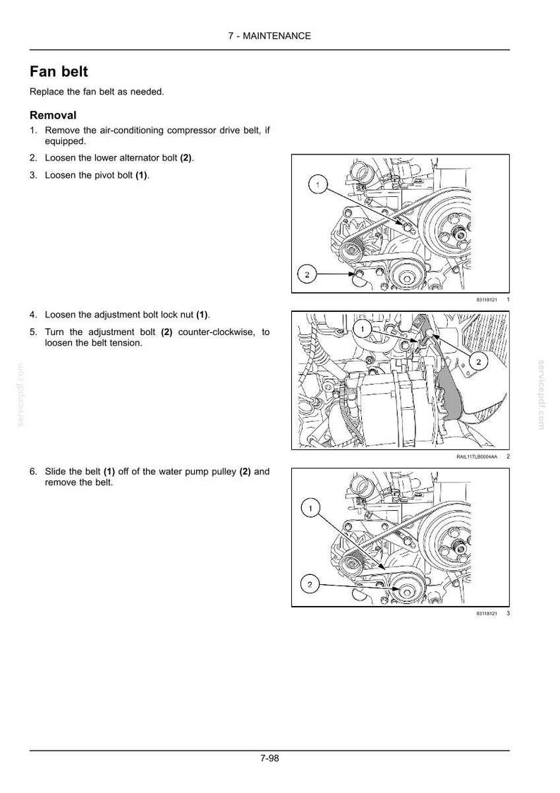 May include: Diagram of a car engine with a fan belt, labeled with numbers for removal instructions. The text reads "Fan belt" and "Replace the fan belt as needed."