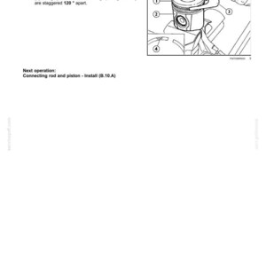 May include: Diagram of an engine piston assembly with numbered components and instructions. The image includes the text "ENGINE AND PTO IN - ENGINE" and instructions for installing piston rings, including the word "TOP".
