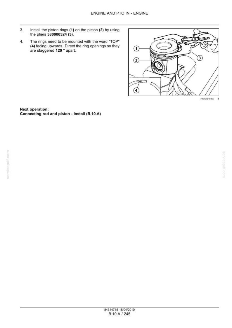May include: Diagram of an engine piston assembly with numbered components and instructions. The image includes the text "ENGINE AND PTO IN - ENGINE" and instructions for installing piston rings, including the word "TOP".