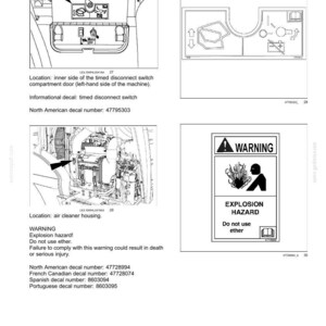 May include: Diagram of safety information with warnings about explosion hazards. Includes a warning label with a graphic and text, and diagrams of machine components with labels and part numbers.