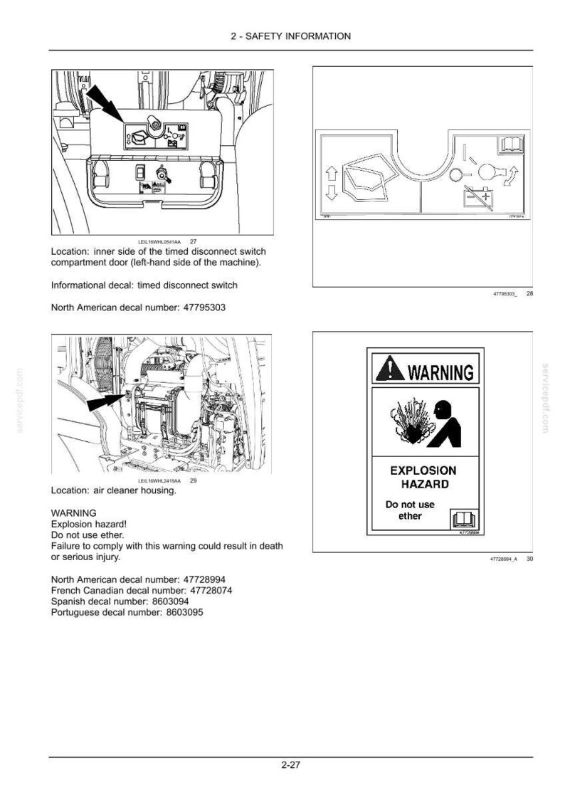 May include: Diagram of safety information with warnings about explosion hazards. Includes a warning label with a graphic and text, and diagrams of machine components with labels and part numbers.