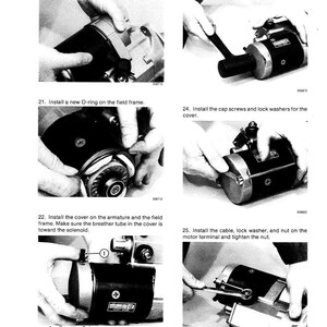 May include: A black and silver automotive part with multiple components is shown in a series of instructional images. The images depict steps such as installing the field frame, O-ring, cover, cap screws, and tightening the nut.