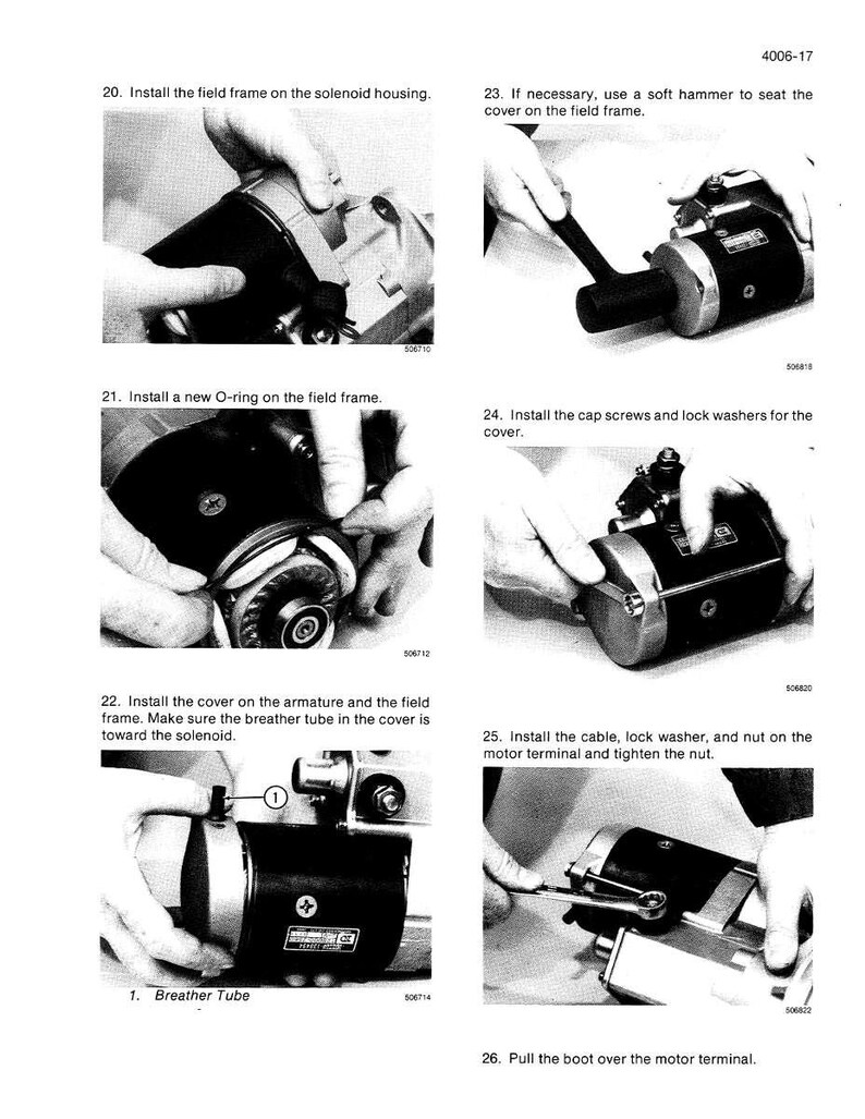 May include: A black and silver automotive part with multiple components is shown in a series of instructional images. The images depict steps such as installing the field frame, O-ring, cover, cap screws, and tightening the nut.