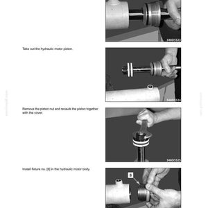 May include: A series of four black and white images illustrating steps for hydraulic motor repair. The images show disassembly and reassembly of components, including a piston, nut, and cover. Text and part numbers are visible.