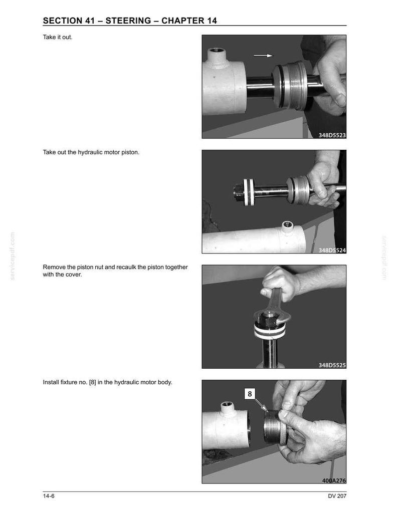 May include: A series of four black and white images illustrating steps for hydraulic motor repair. The images show disassembly and reassembly of components, including a piston, nut, and cover. Text and part numbers are visible.