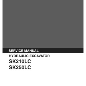 May include: A gray Kobelco service manual for a hydraulic excavator. The cover displays the text SERVICE MANUAL, HYDRAULIC EXCAVATOR, SK210LC, and SK250LC. Additional text includes Applicable: SK210LC YQ07U0101- and Applicable: SK250LC LL08U0101- S5YQ/LL12E-00 08/00.